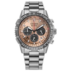 Mens+Promaster+Navihawk+Chronograph+EcoDrive+SilverTone+SS+Watch+Salmon+Dial