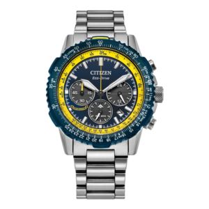 Mens+Promaster+Navihawk+EcoDrive+Chronograph+SilverTone+Watch+Blue+Dial