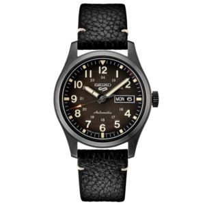 Mens+Seiko+5+Sport+Automatic+Black+Leather+Strap+Watch+Black+Dial