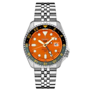 Mens+Seiko+5+Sport+SKX+GMT+Series+Silver-Tone+Watch+Orange+Dial