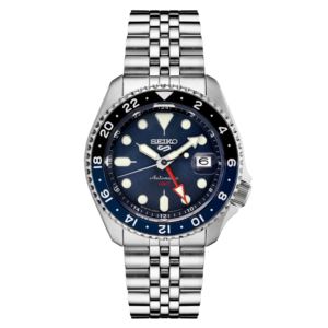 Mens+Seiko+5+Sport+SKX+GMT+Series+Silver-Tone+Watch+Blue+Dial