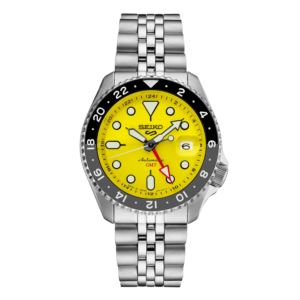 Men%27s+Seiko+5+Sports+SKX+Automatic+GMT+Silver-Tone+SS+Watch+Yellow+Dial