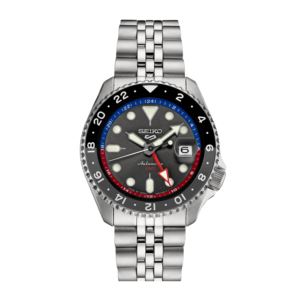 Men%27s+Seiko+5+Sports+SKX+GMT+U.S.+Silver+Watch+Gray+Dial+w%2F+Red+and+Blue+Frame