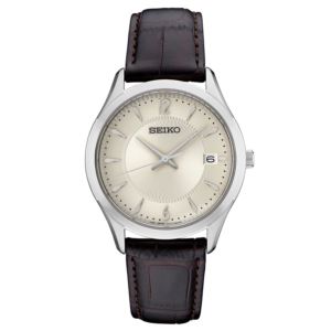 Mens+Essentials+Silver+%26+Brown+Leather+Strap+Watch+White+Dial