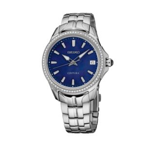Ladies+Coutura+SilverTone+Stainless+Steel+Diamond+Watch+Dark+Blue+MOP+Dial