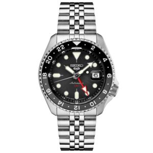 Mens+Seiko+5+Sport+SKX+GMT+Series+Silver-Tone+Watch+Black+Dial