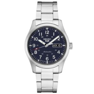 Mens+Seiko+5+Sport+Automatic+Blue+%26+Silver+Stainless+Steel+Watch+Black+Dial
