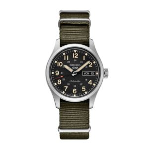 Men%27s+Seiko+5+Sport+Automatic+Silver+%26+Olive+Green+Nylon+Strap+Watch+Black+Dial