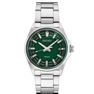 Mens+Essentials+Silver-Tone+Stainless+Steel+Watch+Green+Dial
