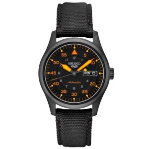 Mens+Seiko+5+Sport+Automatic+Black+%26+Orange+Nylon+Strap+Watch+Black+Dial