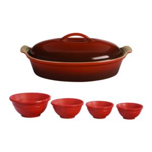 qt+Heritage+Stoneware+Covered+Oval+Casserole+w+Prep+Bowls+Cerise