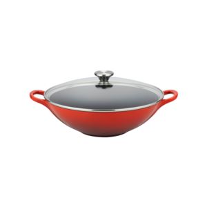 qt+Signature+Cast+Iron+Wok+w+Glass+Lid+Cerise