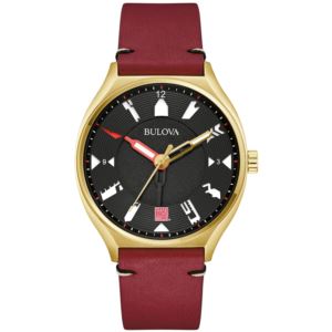 Mens+Perforated+Panels+Automatic+Burgundy+Leather+Strap+Watch+Black+Dial
