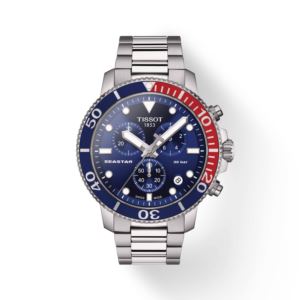 Mens+Seastar+Chronograph+Stainless+Steel+Watch+RedBlue+Dial