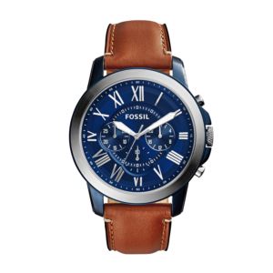 Mens+Grant+Chronograph+Brown+Leather+Strap+Watch+Blue+Dial