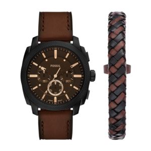 Mens+Machine+Chronograph+Dark+Brown+Leather+Watch+%26+Bracelet+Gift+Set