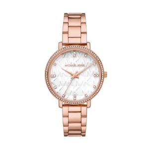 Ladies+Pyper+Rose+Gold-Tone+Stainless+Steel+Watch+White+MK+Logo+Dial