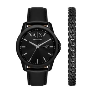 Mens+Banks+Black+Leather+Strap+Watch+Gift+Set