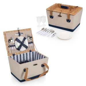 Boardwalk+Picnic+Basket+for+2+Beige+Canvas+w%2F+Navy+Blue+Accents