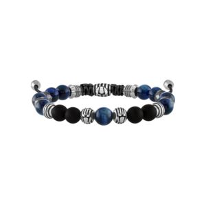 Classic+Rare+Blue+Tigers+Eye+Black+Onyx+Bolo+Bracelet+w+SilverTone+Beads