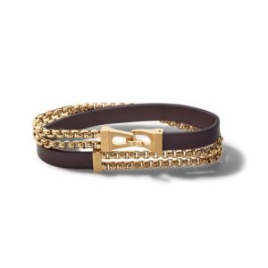 Classic+Brown+Leather+Gold+Box+Link+Chain+Double+Wrap+Bracelet+Large