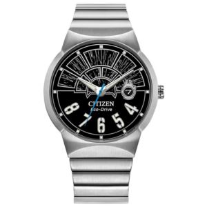 Mens+Millennium+Falcon+Hyperdrive+EcoDriver+SilverTone+SS+Watch+Black+Dial