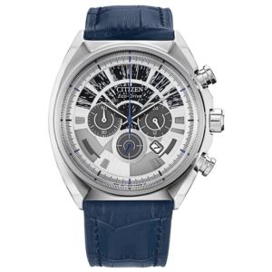 Mens+Millennium+Falcon+EcoDrive+Chronograph+Navy+Leather+Watch+Silver+Dial