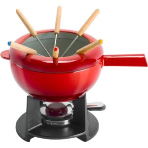 Enameled+Cast+Iron+Fondue+Pot+Set+Red