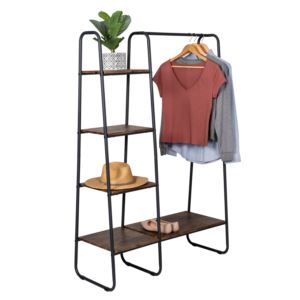 Freestanding+Metal+Clothing+Rack+w%2F+Wood+Shelves+Black%2FNatural