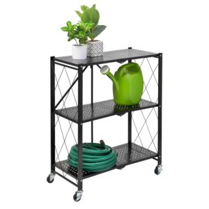 Collapsible+3+Tier+Metal+Shelf+on+Wheels+Black
