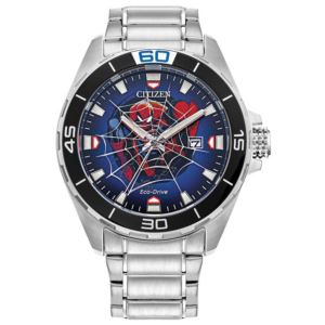 Men%27s+Spider-Man+Eco-Drive+Silver-Tone+Stainless+Steel+Watch+Blue+Dial