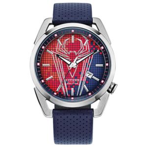 Men%27s+Spider-Man+Eco-Drive+Blue+Leather+Strap+Red+Dial