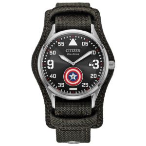 Men%27s+Captain+America+Forever+Eco-Drive+Gray+Cordura+Strap+Watch+Black+Dial