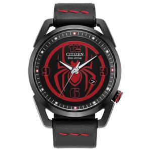 Men%27s+Miles+Morales+Eco-Drive+Black+Leather+Strap+Black+Dial