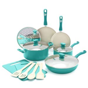 Sandstone+15pc+Healthy+Ceramic+Nonstick+Cookware+Set+Turquoise