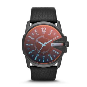 Mens+Master+Chief+Black+Leather+Strap+Watch+Iridescent+Dial