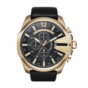Mens+Mega+Chief+Gold+%26+Black+Leather+Strap+Watch+Black+Dial