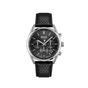 Mens+Champion+Silver+%26+Black+Leather+Strap+Watch+Black+Dial