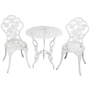 Sunnydaze+3-Piece+Flower+Designed+Cast+Aluminum+Bistro+-+White