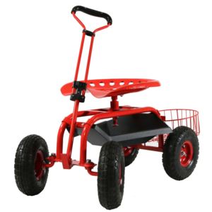 Sunnydaze+Rolling+Cart+with+Steering+Handle+Swivel+Seat+Planter+Basket+Red