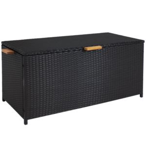 Sunnydaze+IndoorOutdoor+Resin+Wicker+Storage+Box+with+Acacia+Wood+Handles+Black