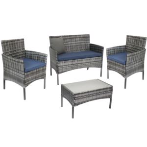 Sunnydaze+Dunmore+4-Piece+Patio+Set+-+Mixed+Gray+Rattan+and+Navy+Blue+Cushions
