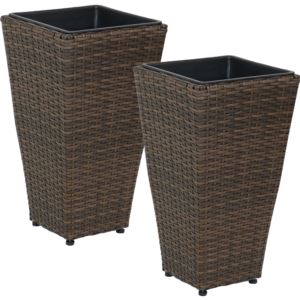 in+Polyrattan+Tall+Square+Planter+Brown+Set+of