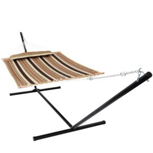 Sunnydaze+Quilted+Spreader+Bar+Hammock+with+15-Foot+Stand+-+Sandy+Beach