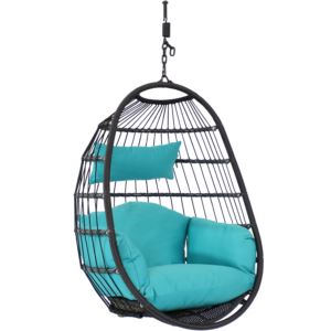 Resin+Wicker+Hanging+Egg+Chair+with+Polyester+Cushions+Blue