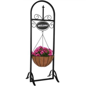 Black+Iron+Frame+Hanging+Basket+Planter+with+Welcome+Sign+in