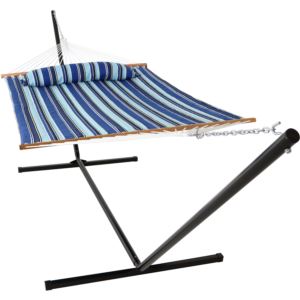 Sunnydaze+Quilted+Fabric+Hammock+Bed+with+Stand+Catalina+Beach