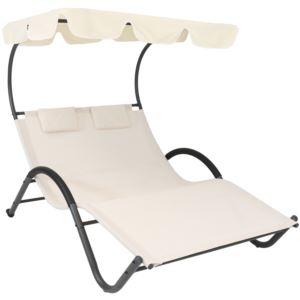 Sunnydaze+Double+Chaise+Lounge+with+Canopy+and+Headrest+Pillows+-+Beige