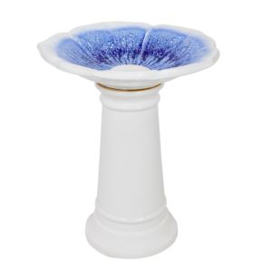 Misty+Blossom+Ceramic+Bird+Bath+-+White+and+Blue
