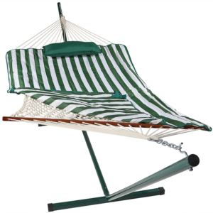Sunnydaze+Rope+Hammock+with+Foot+Stand+Pad+Pillow+Green+White+Stripe